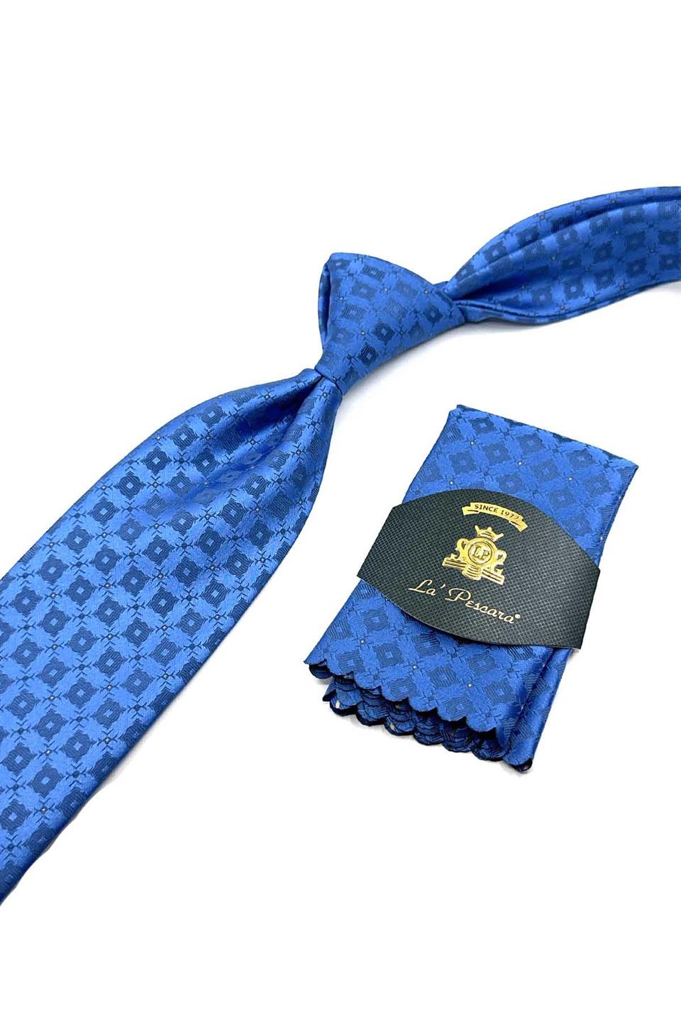 Mavi Motif Desen Mendilli Klasik Kravat KK12569