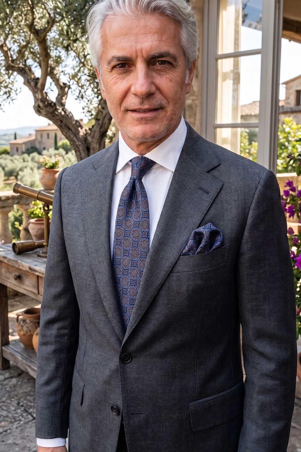 Mavi Motif Desen Mendilli Klasik Kravat KK12675