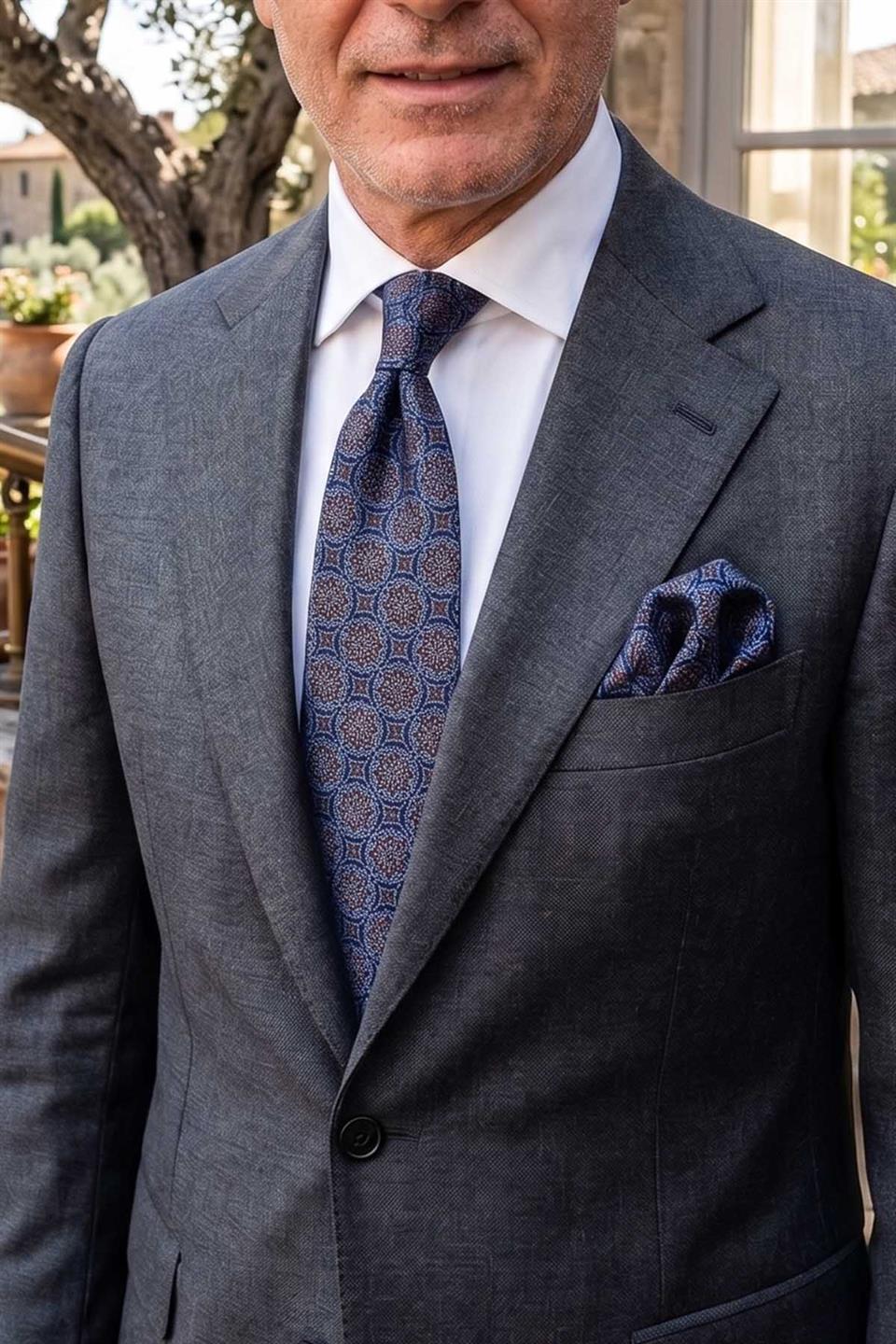 Mavi Motif Desen Mendilli Klasik Kravat KK12675