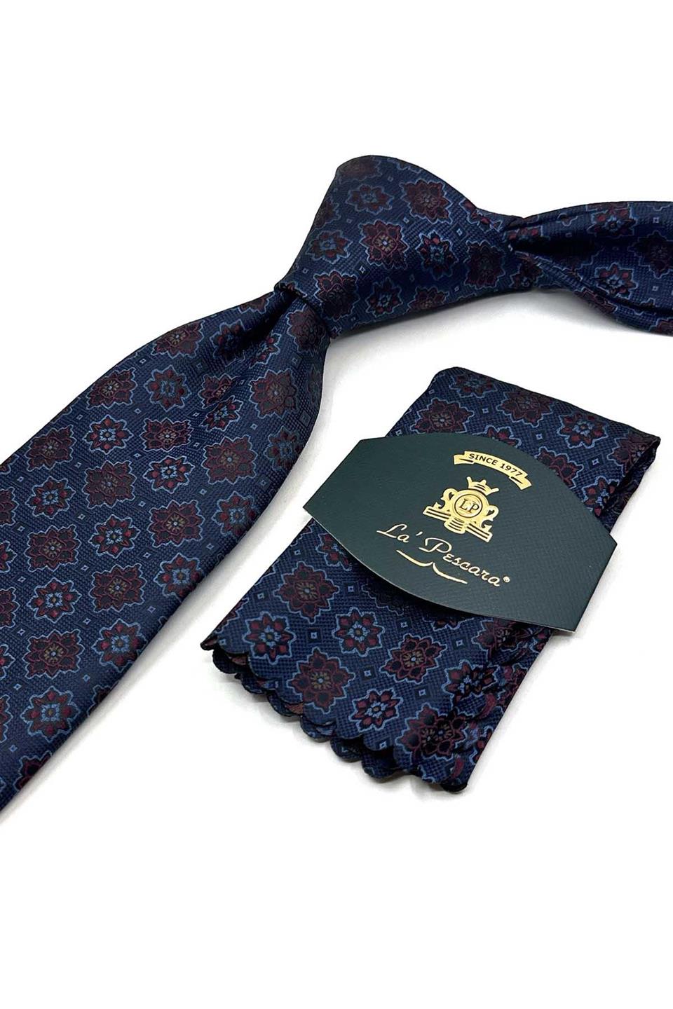 Mavi Motif Desen Mendilli Klasik Kravat KK13568