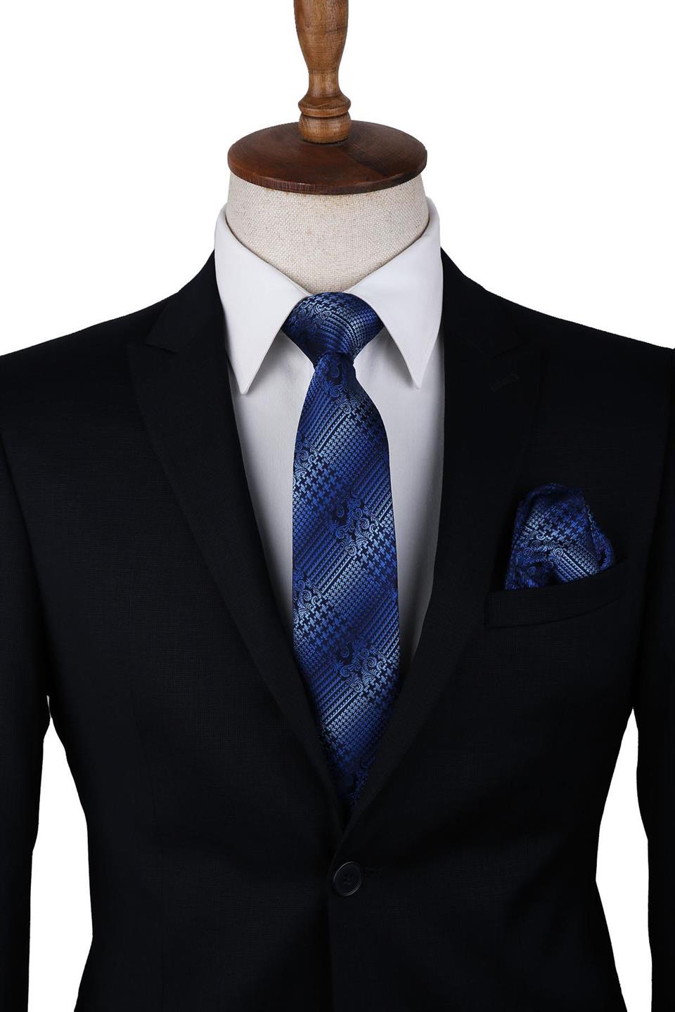 Mavi Motif Desen Mendilli Klasik Kravat KK10000