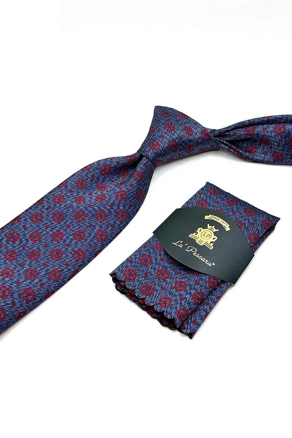 Mavi Motif Desen Mendilli Klasik Kravat KK12910