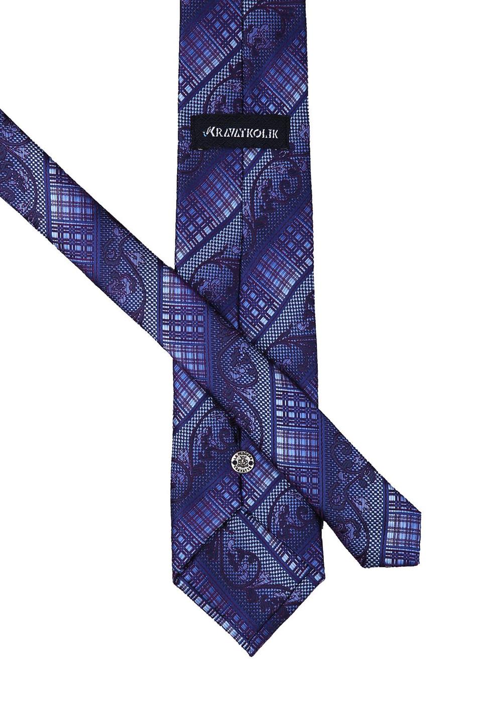 Mavi - Mürdüm Motif Desen Mendilli Klasik Kravat KK10149