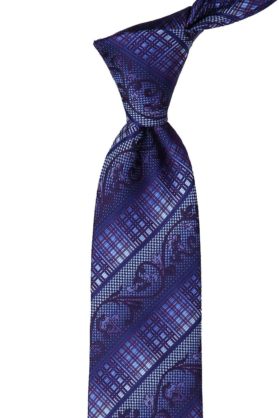 Mavi - Mürdüm Motif Desen Mendilli Klasik Kravat KK10149