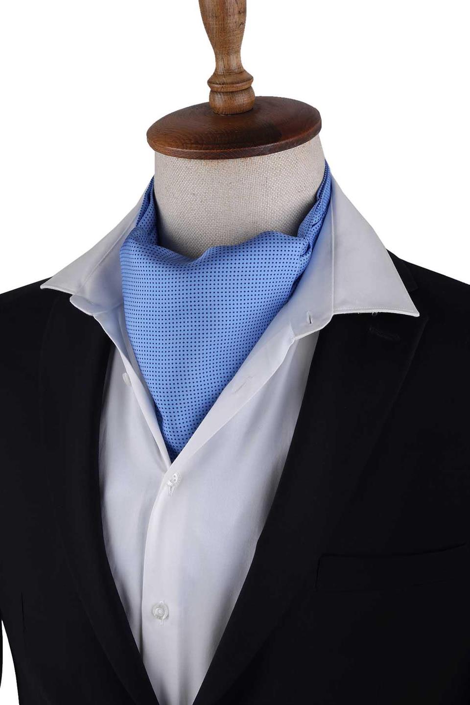 Mavi Nokta Desen İtalyan İpek Ascot Fular K659