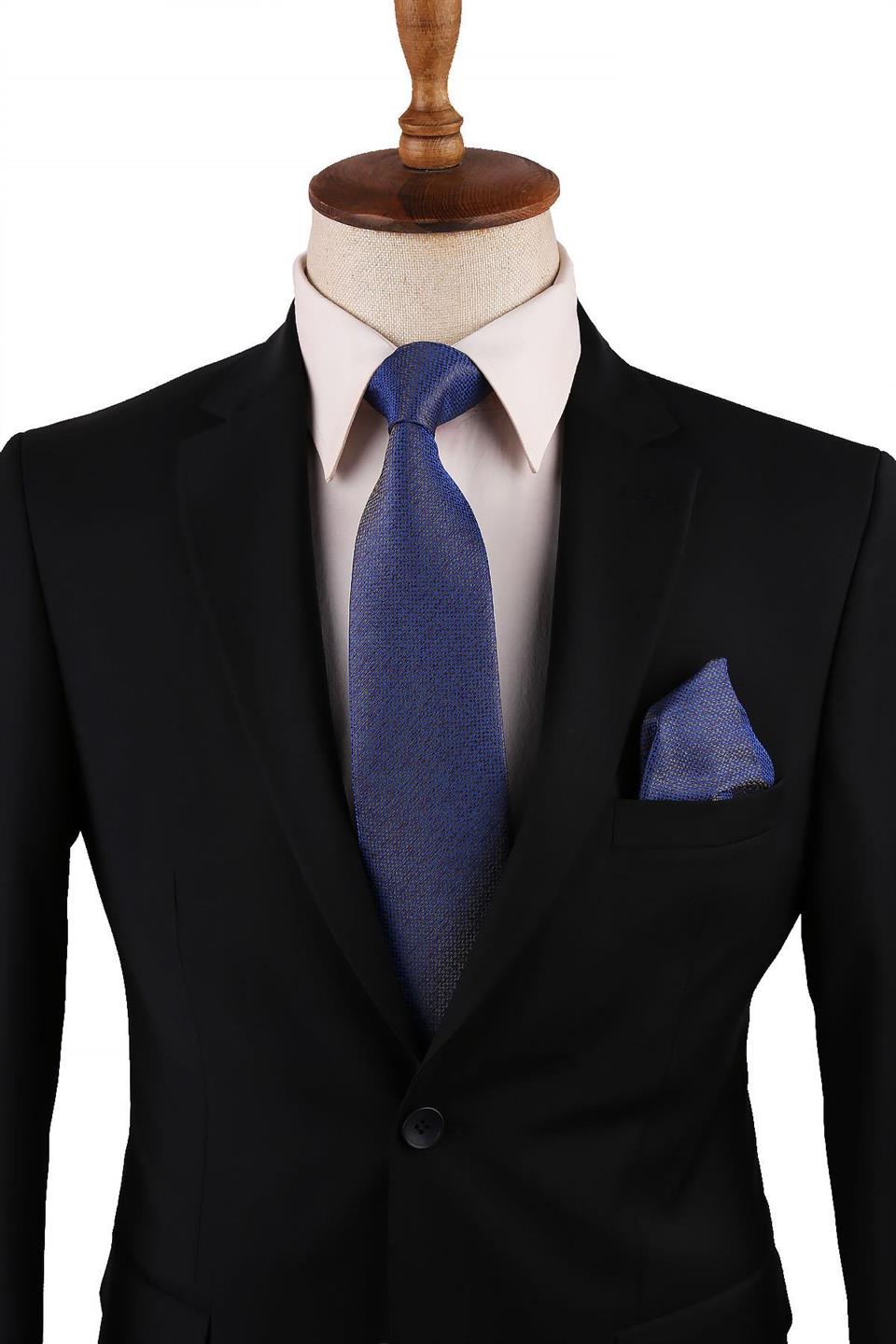 Mavi Nokta Desen Mendilli Klasik Kravat KK10728