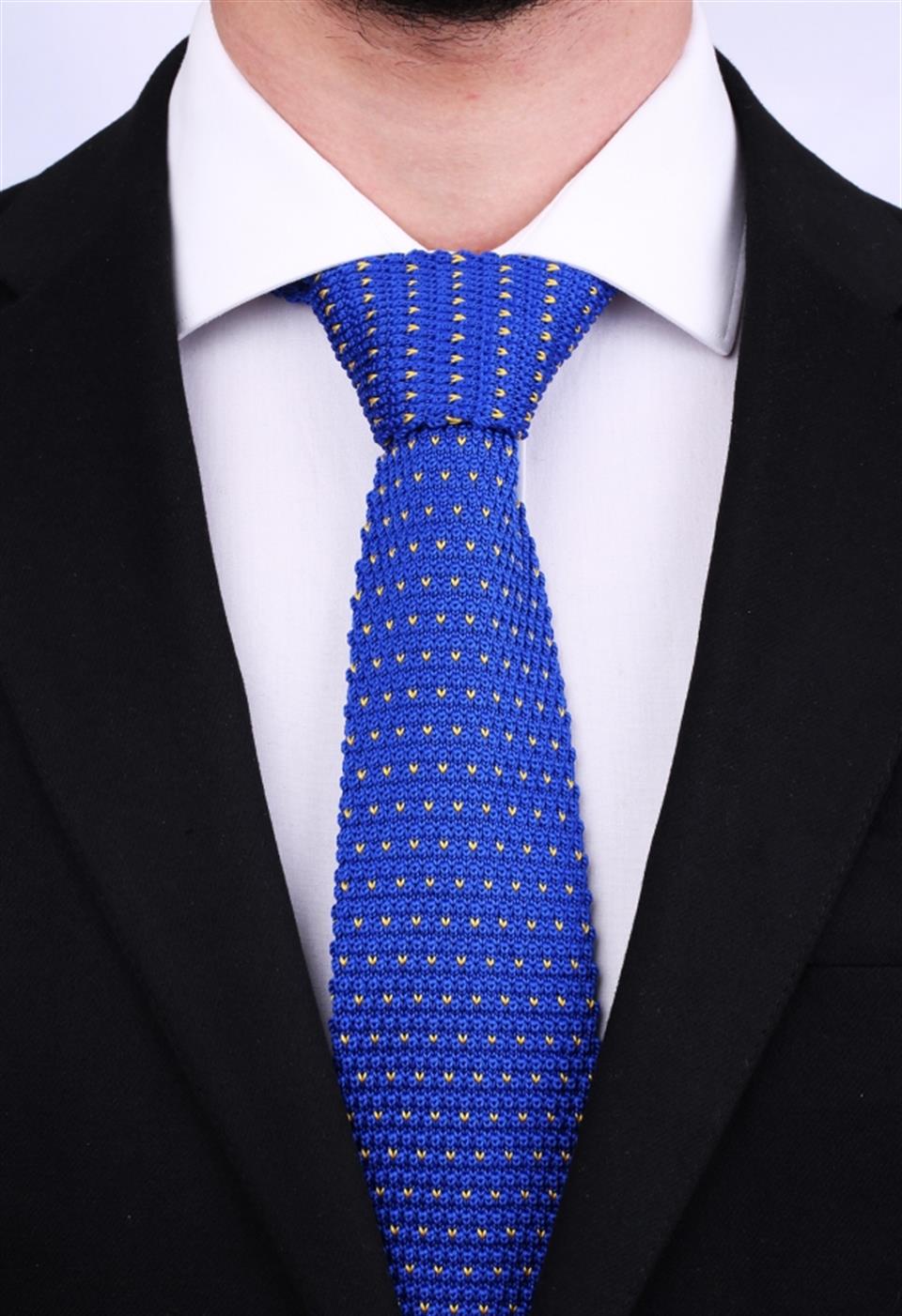 Mavi Noktalı Örgü Mavi Kravat 8019