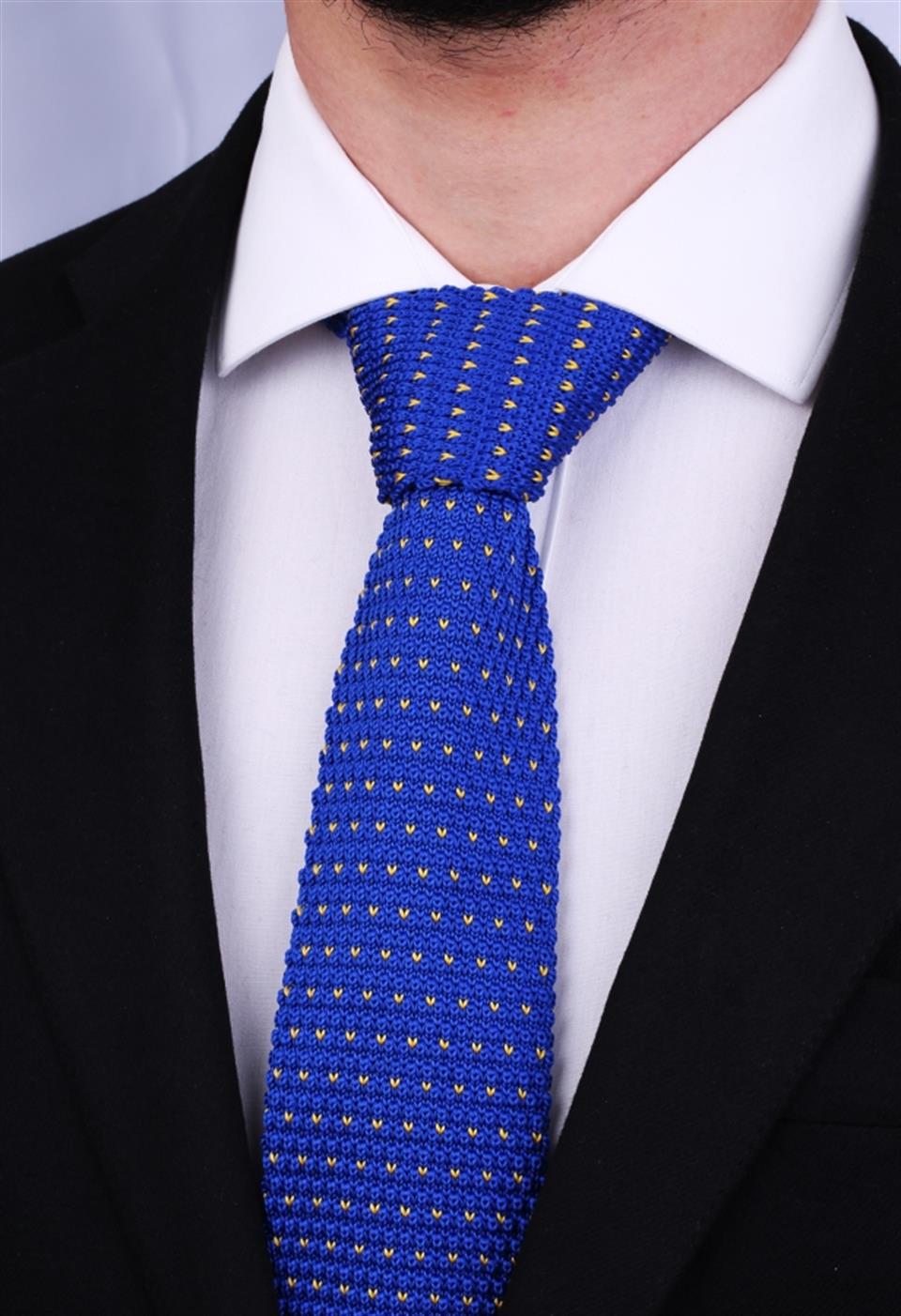 Mavi Noktalı Örgü Mavi Kravat 8019