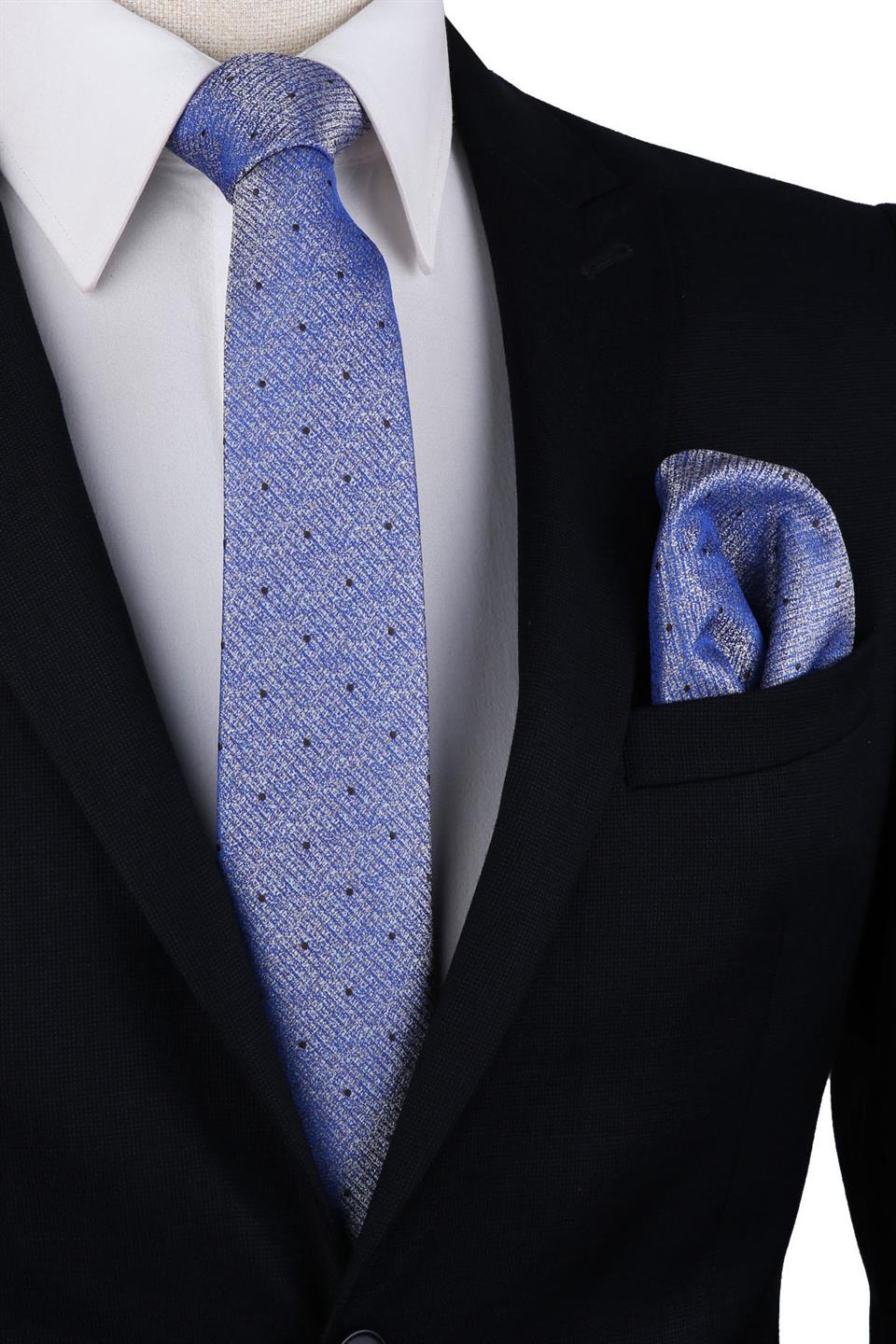 Mavi Puantiye Desen Mendilli Klasik Kravat KK10089