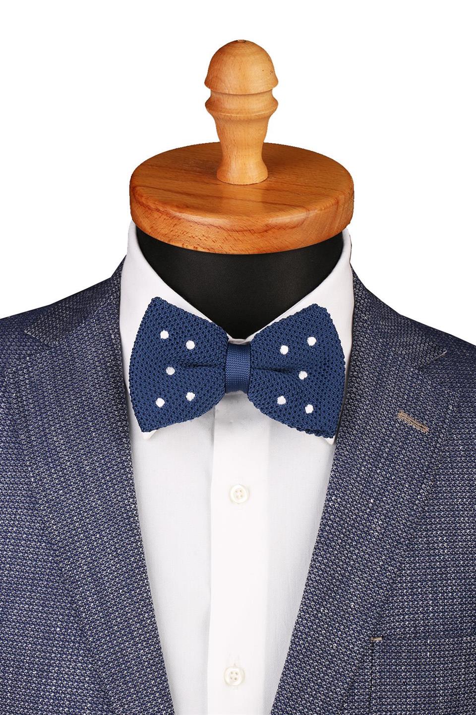 Mavi Puantiye Desen Örgü Papyon ÖR118