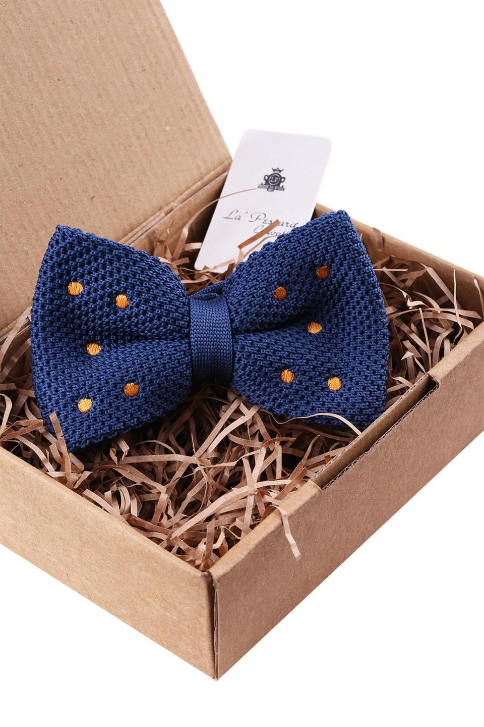 Mavi Puantiye Desen Örgü Papyon ÖR120