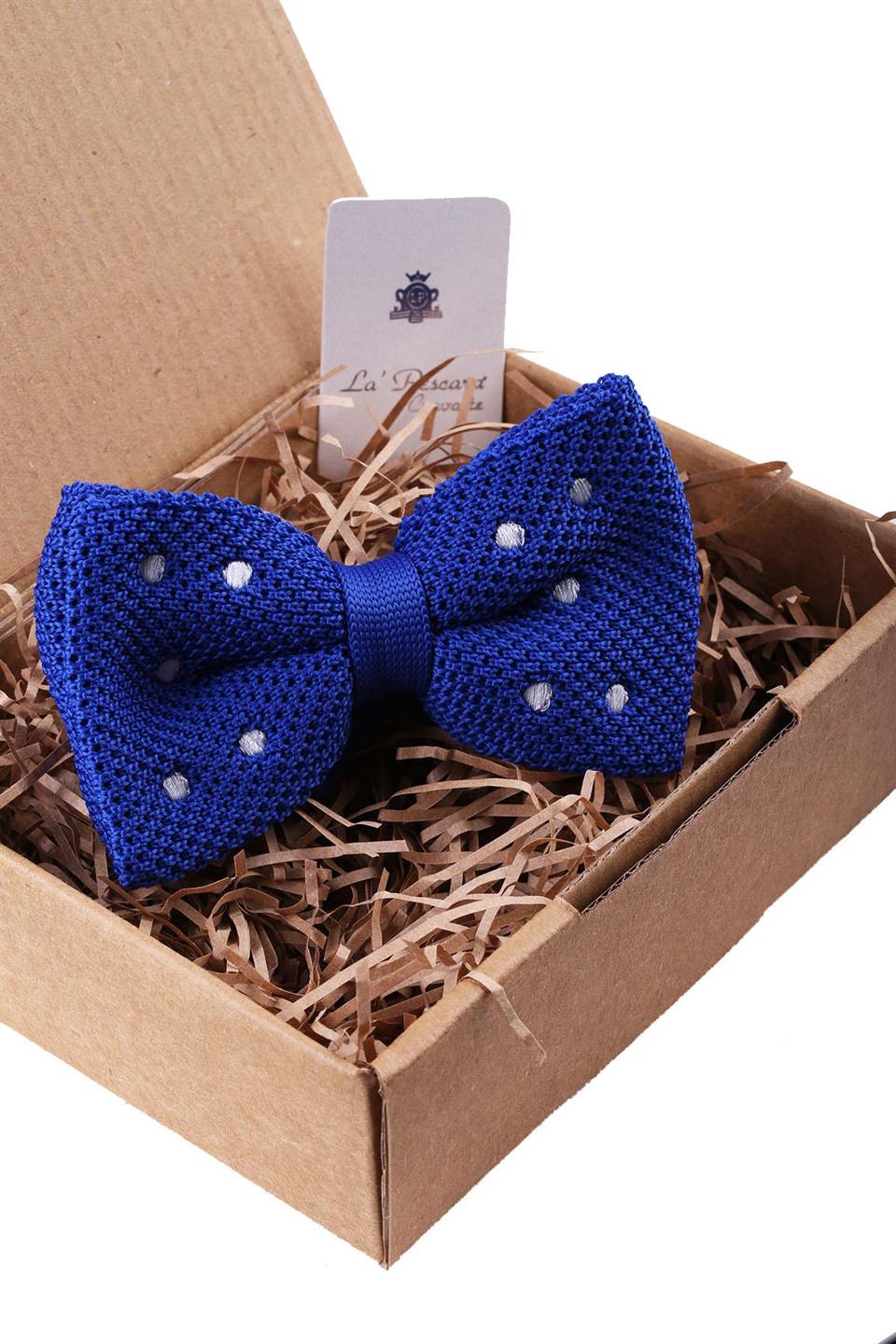 Mavi Puantiye Desen Örgü Papyon ÖR128