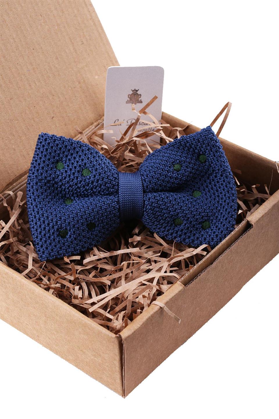 Mavi Puantiye Desen Örgü Papyon ÖR134