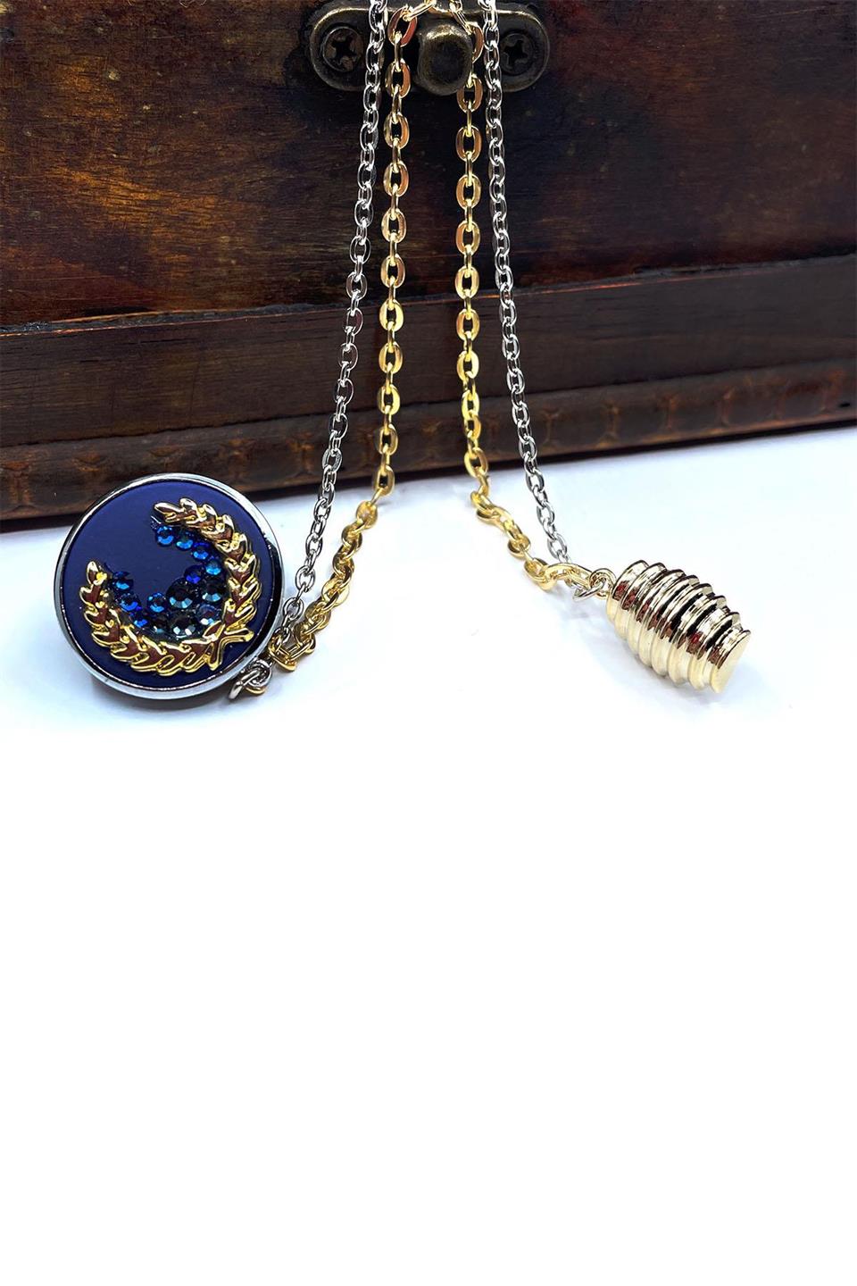 Mavi Renk Gümüş Kasa Zincirli Ceket Yaka İğnesi YI353