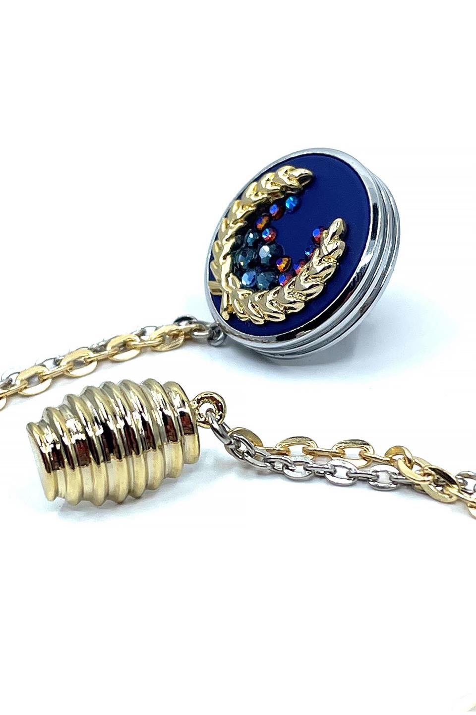 Mavi Renk Gümüş Kasa Zincirli Ceket Yaka İğnesi YI353