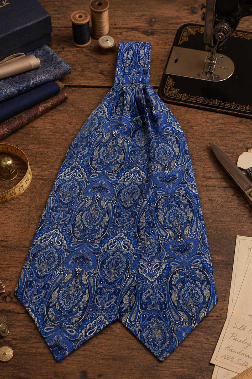 Mavi Şal Desen İtalyan İpek Ascot Kravat SAC107
