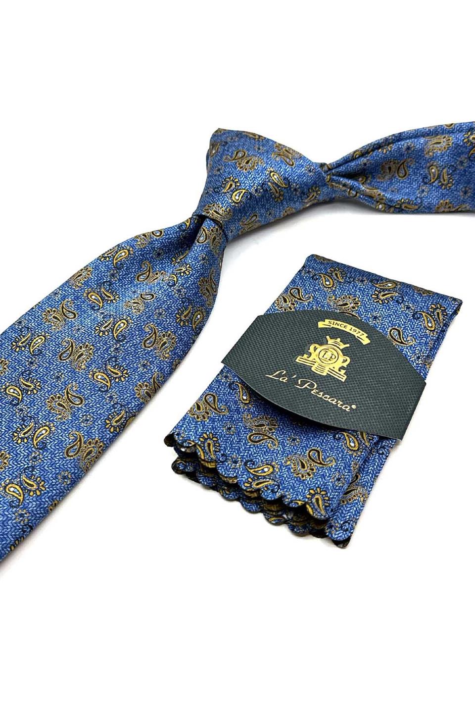 Mavi Şal Desen Mendilli Klasik Kravat KK12924