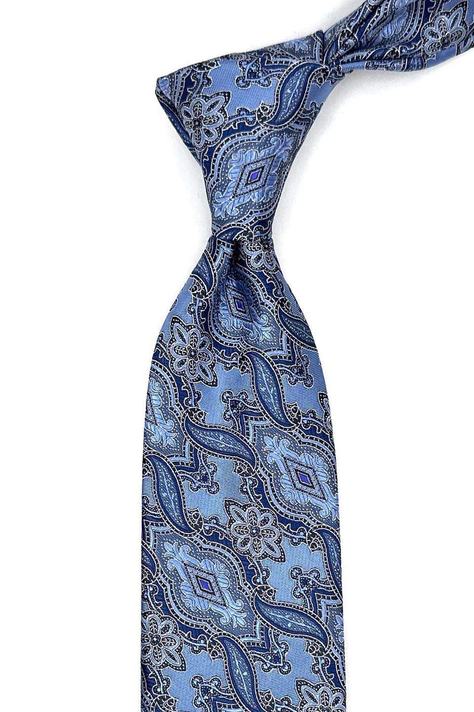 Mavi Şal Desen Mendilli Klasik Kravat KK12860