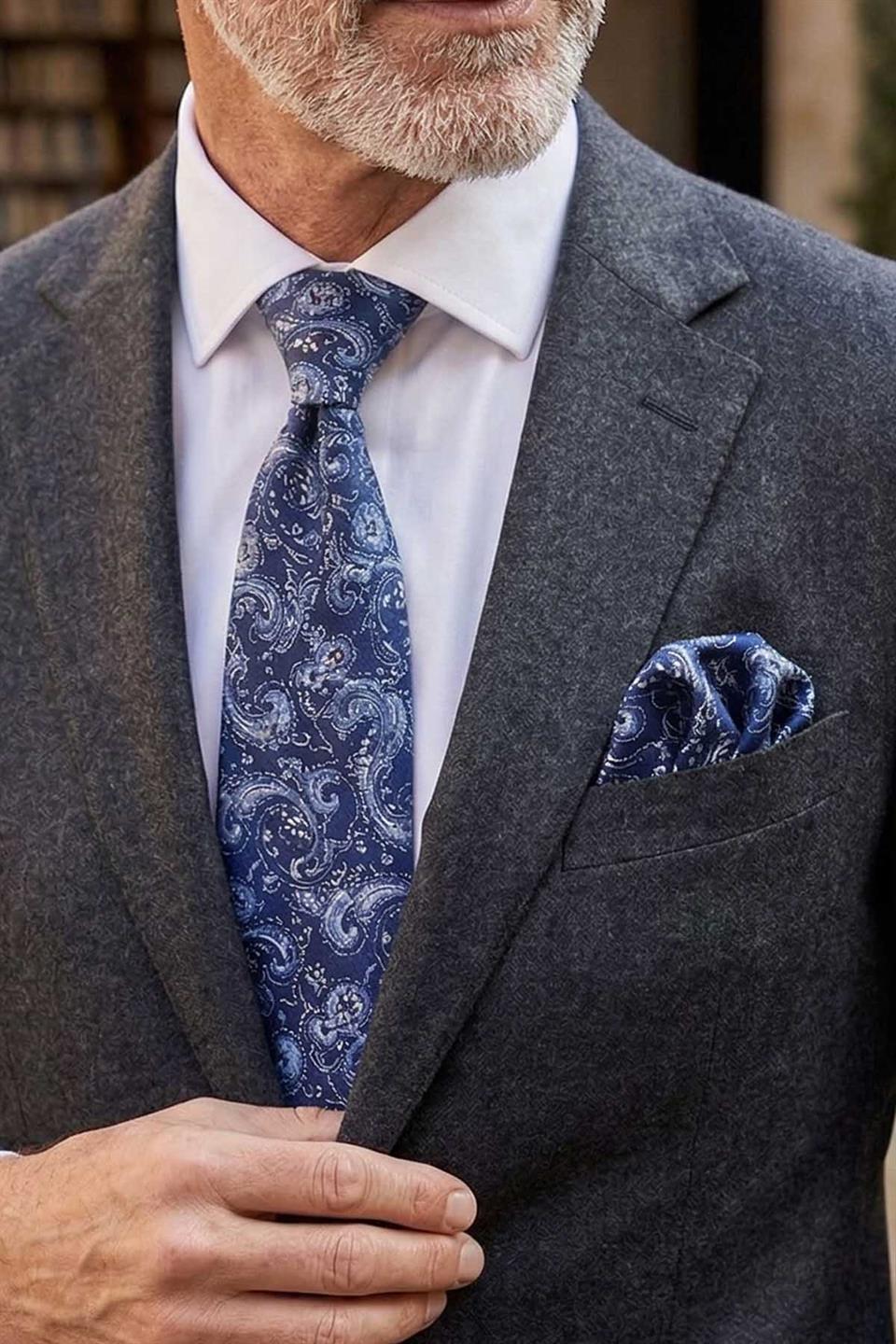 Mavi Şal Desen Mendilli Klasik Kravat KK13125