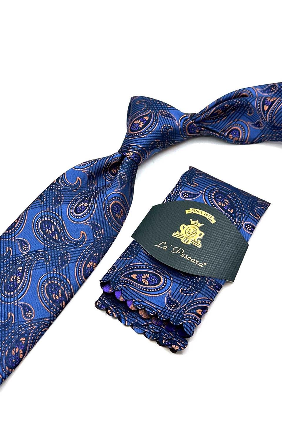 Mavi Şal Desen Mendilli Klasik Kravat KK13012