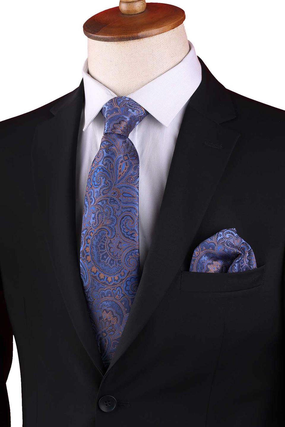 Mavi Şal Desen Mendilli Klasik Kravat KK13125