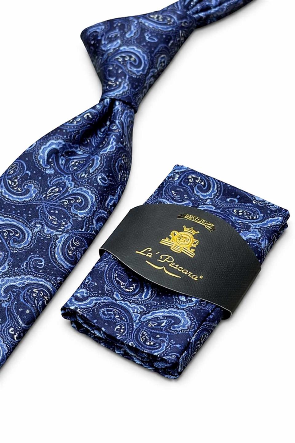 Mavi Şal Desen Mendilli Klasik Kravat KK13125