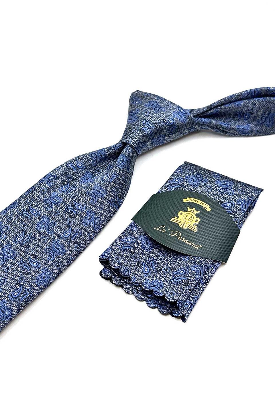 Mavi Şal Desen Mendilli Klasik Kravat KK12929