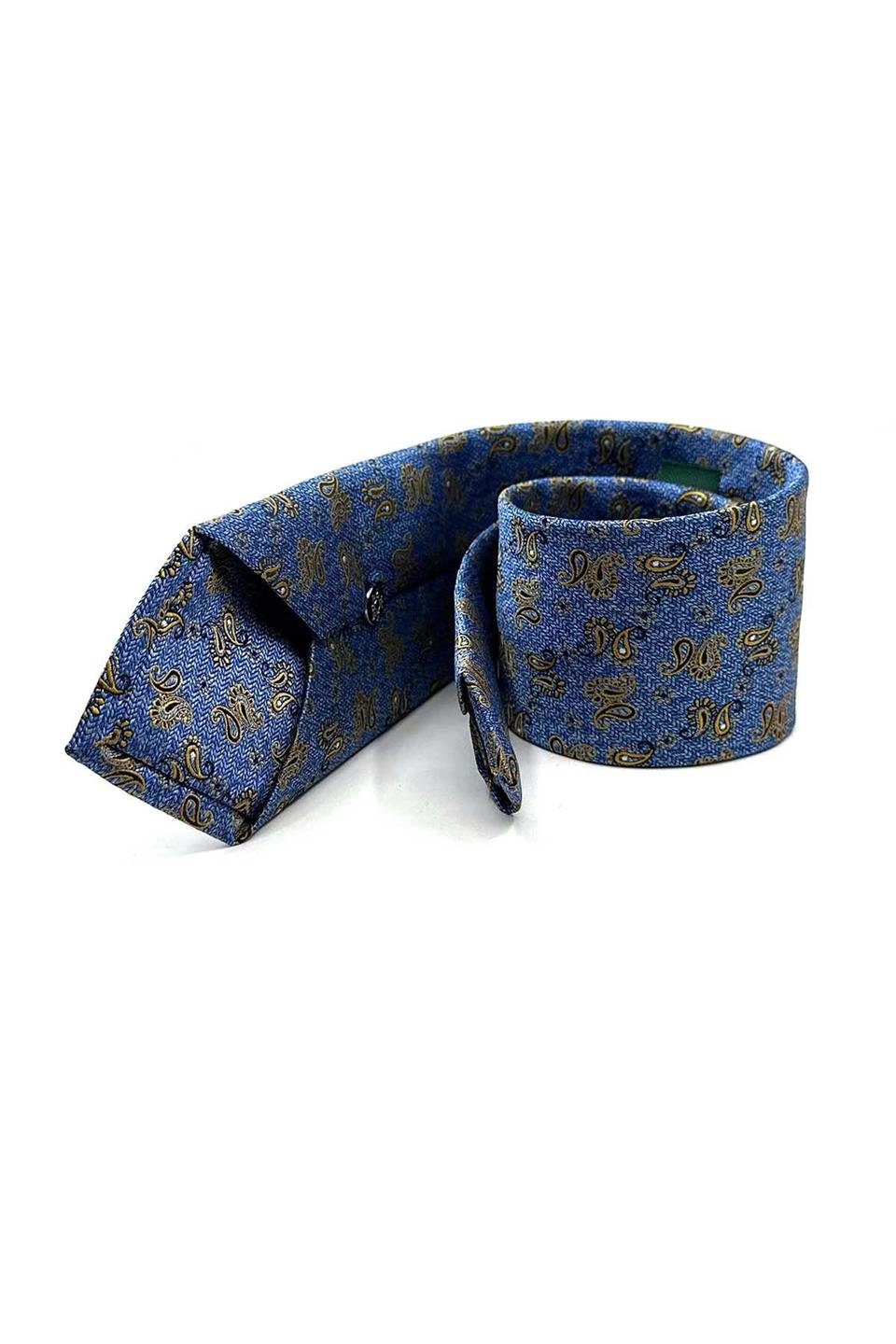 Mavi Şal Desen Mendilli Klasik Kravat KK12924
