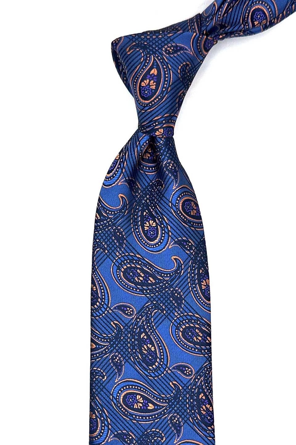 Mavi Şal Desen Mendilli Klasik Kravat KK13012