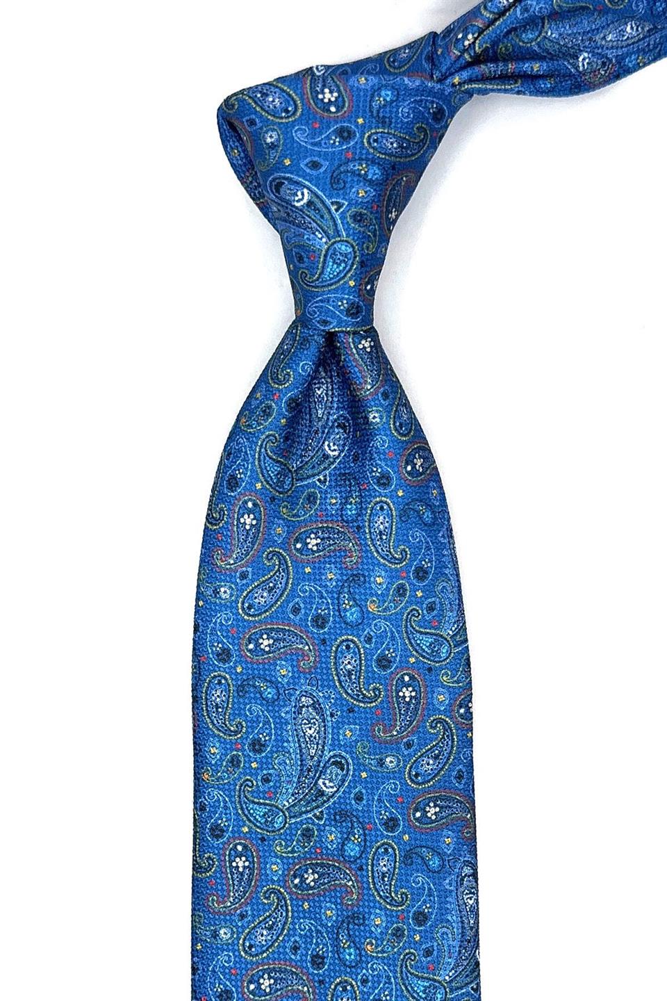 Mavi Şal Desen Mendilli Klasik Kravat KK11445