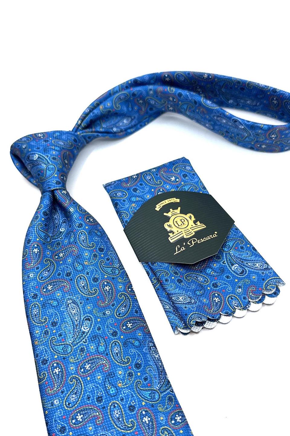 Mavi Şal Desen Mendilli Klasik Kravat KK11445
