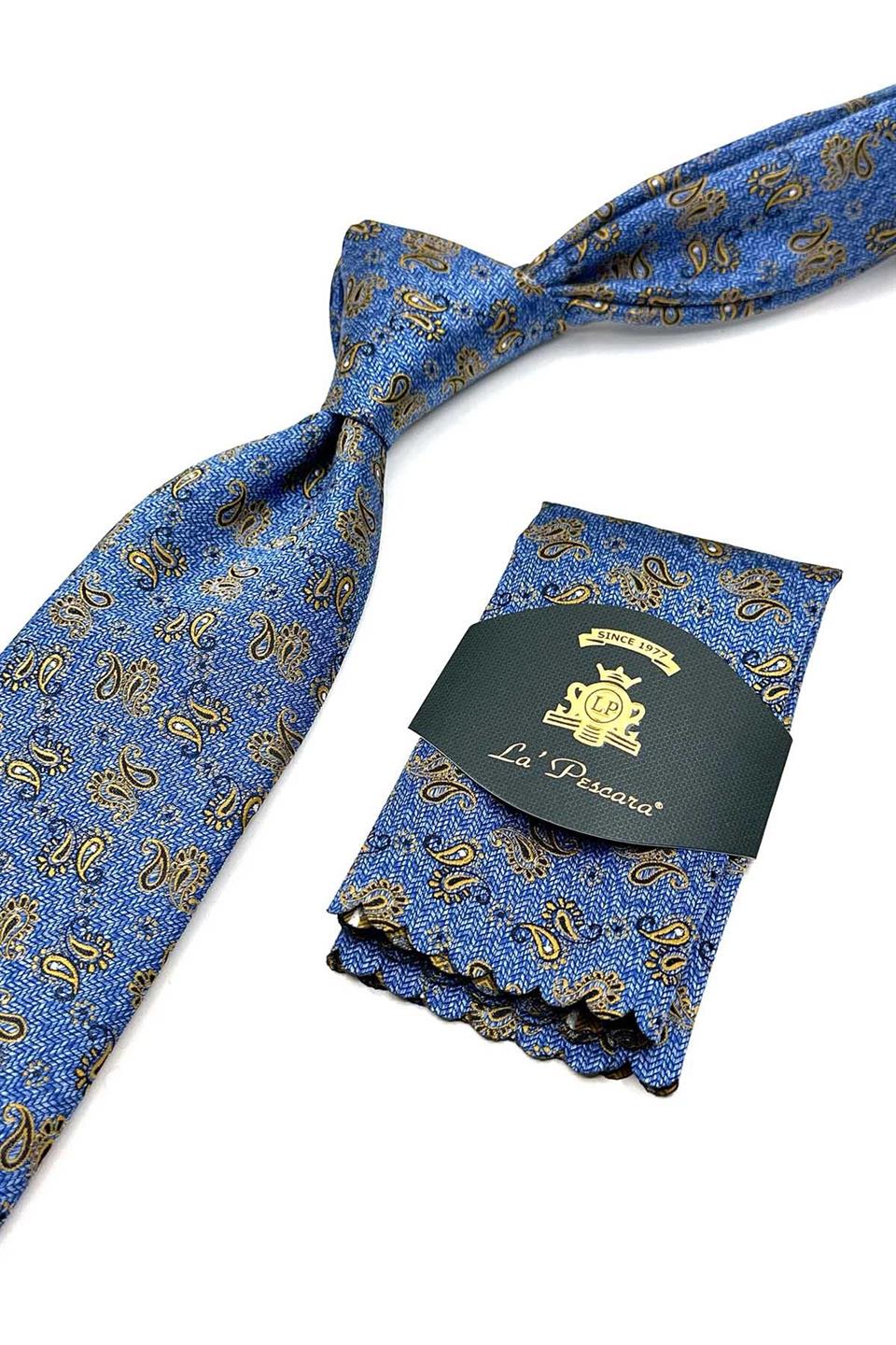 Mavi Şal Desen Mendilli Klasik Kravat KK13117
