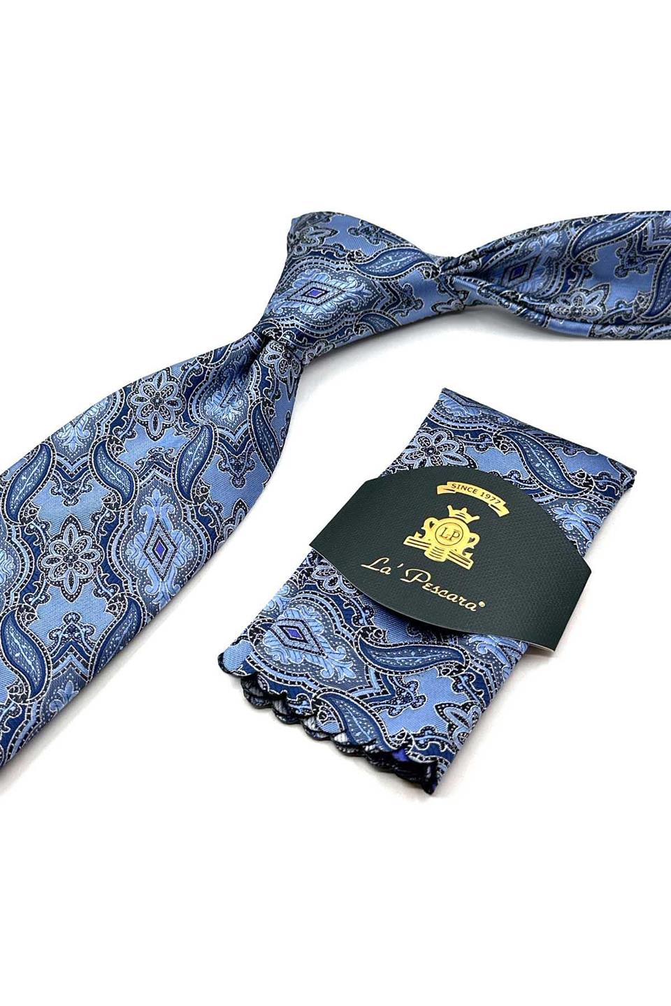 Mavi Şal Desen Mendilli Klasik Kravat KK12860