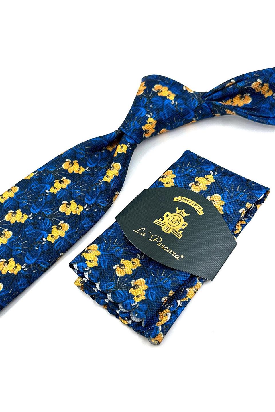 Mavi  - Sarı Çiçek Desen Mendilli Klasik Kravat KK11934