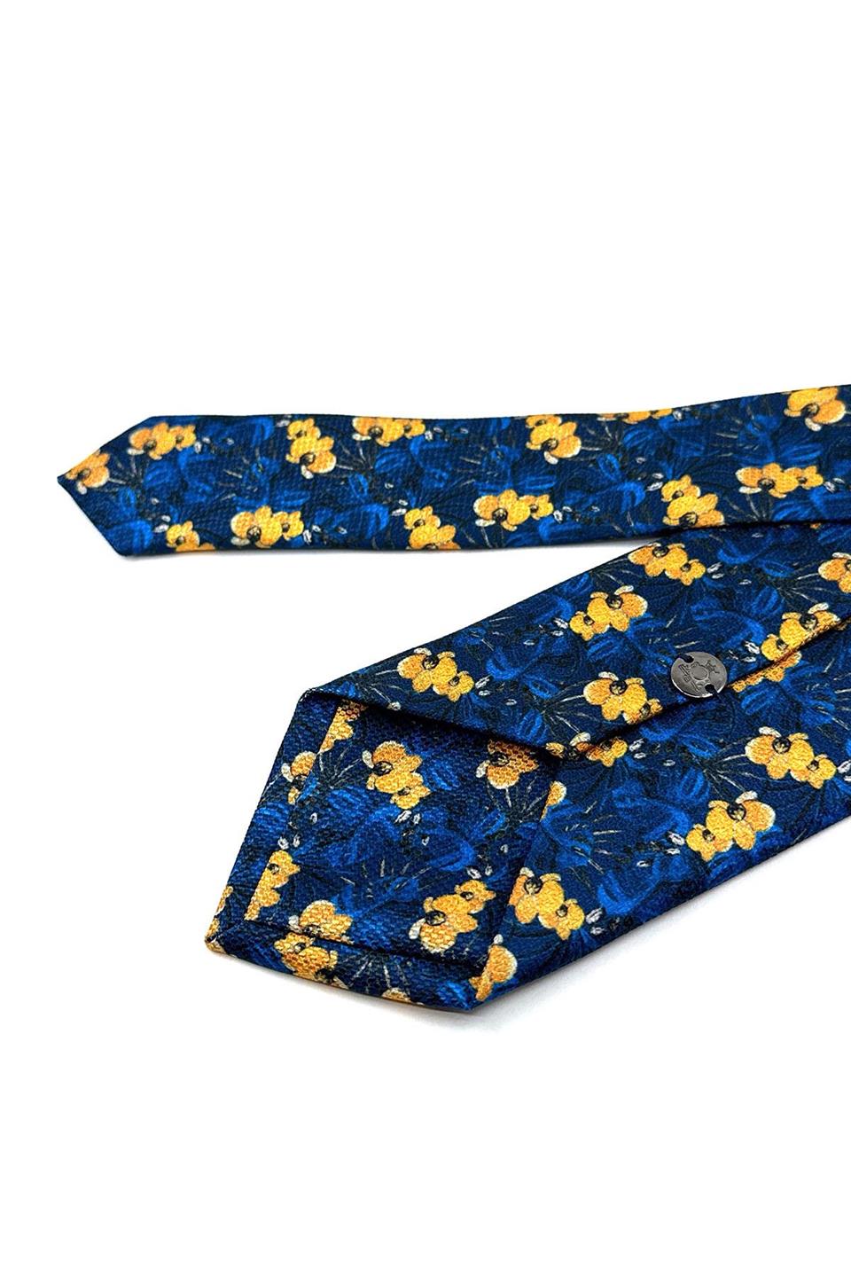 Mavi  - Sarı Çiçek Desen Mendilli Klasik Kravat KK11934