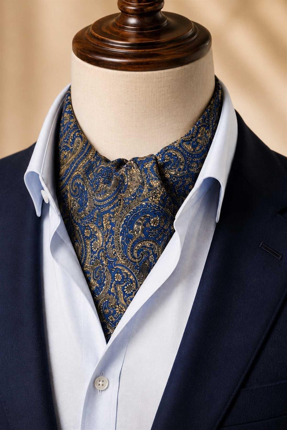 Mavi Sarı Şal Desen İtalyan İpek Ascot Kravat SAC147