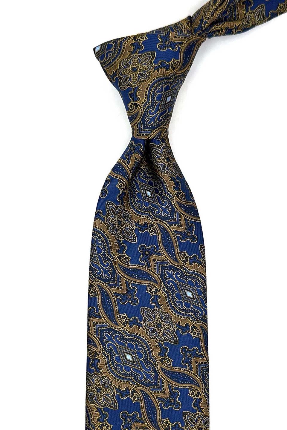 Mavi - Sarı Şal Desen Mendilli Klasik Kravat KK12864