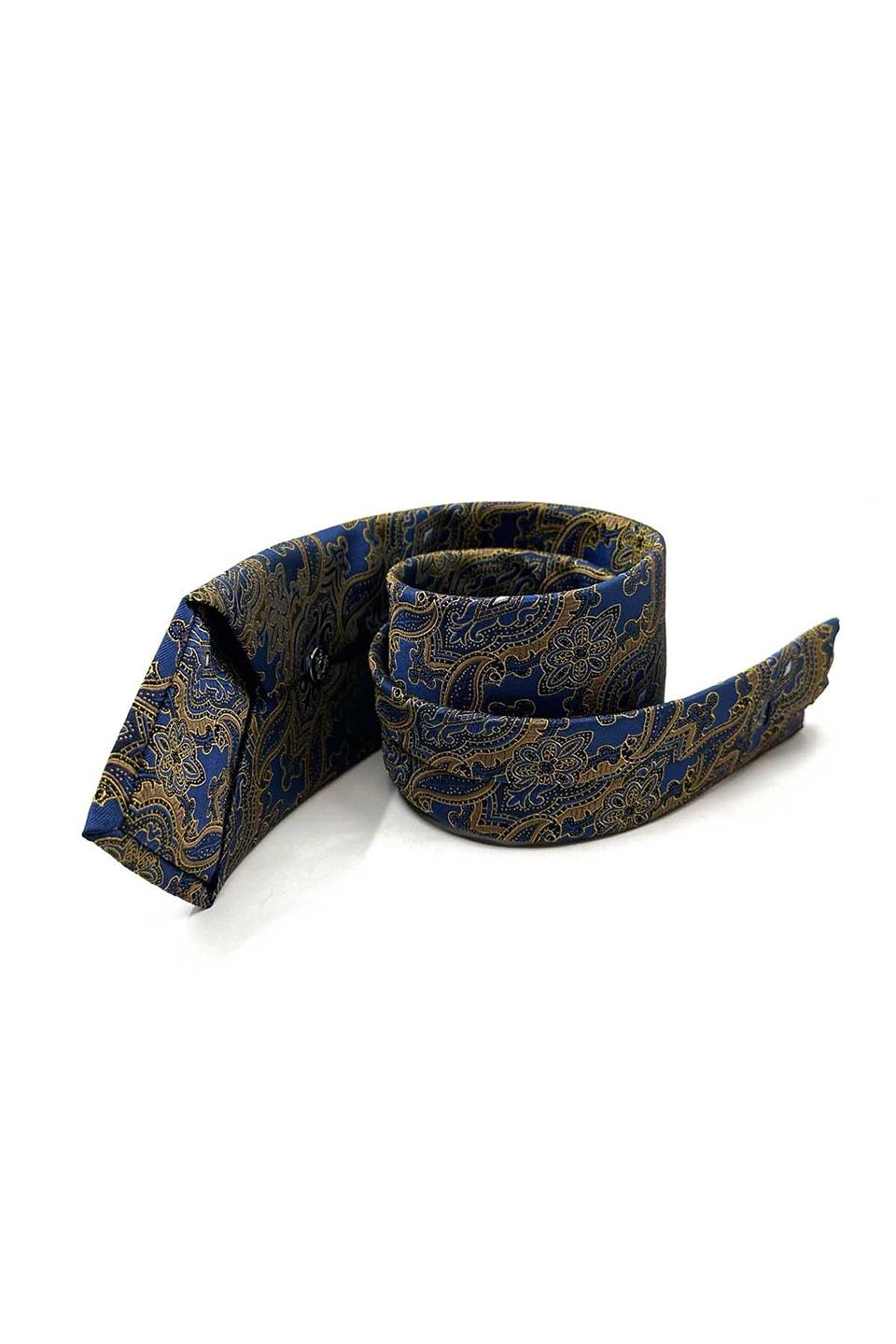 Mavi - Sarı Şal Desen Mendilli Klasik Kravat KK12864