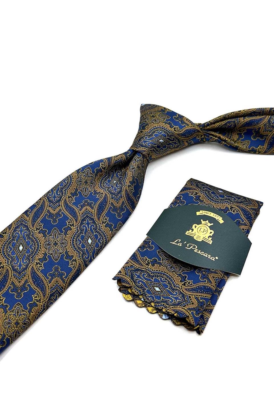 Mavi - Sarı Şal Desen Mendilli Klasik Kravat KK12864