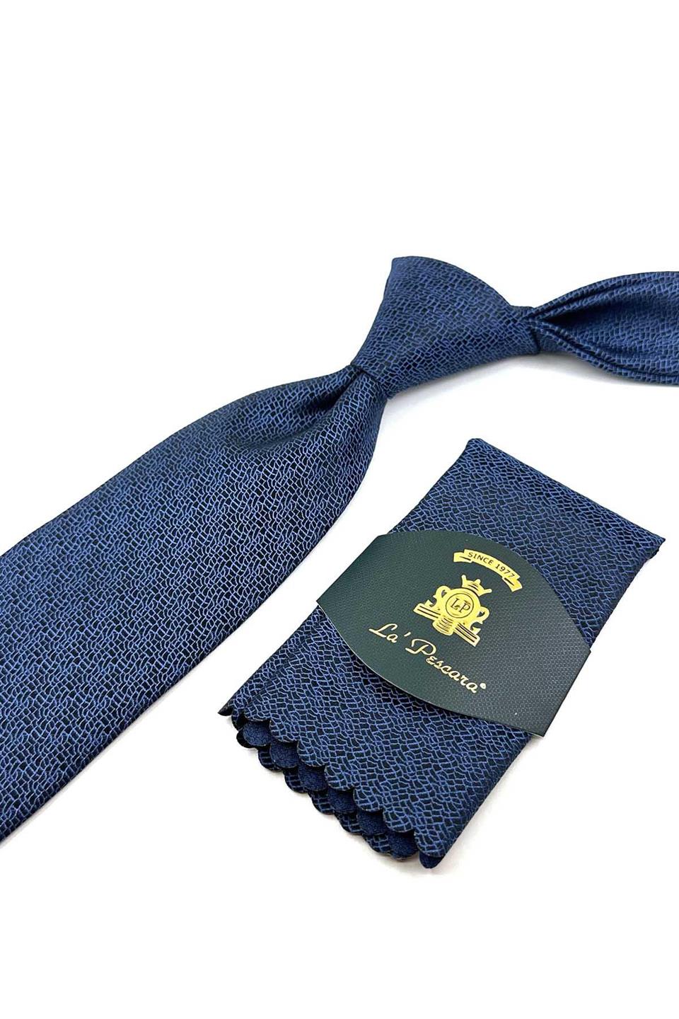 Mavi - Siyah Kum Desen Mendilli Klasik Kravat KK12446