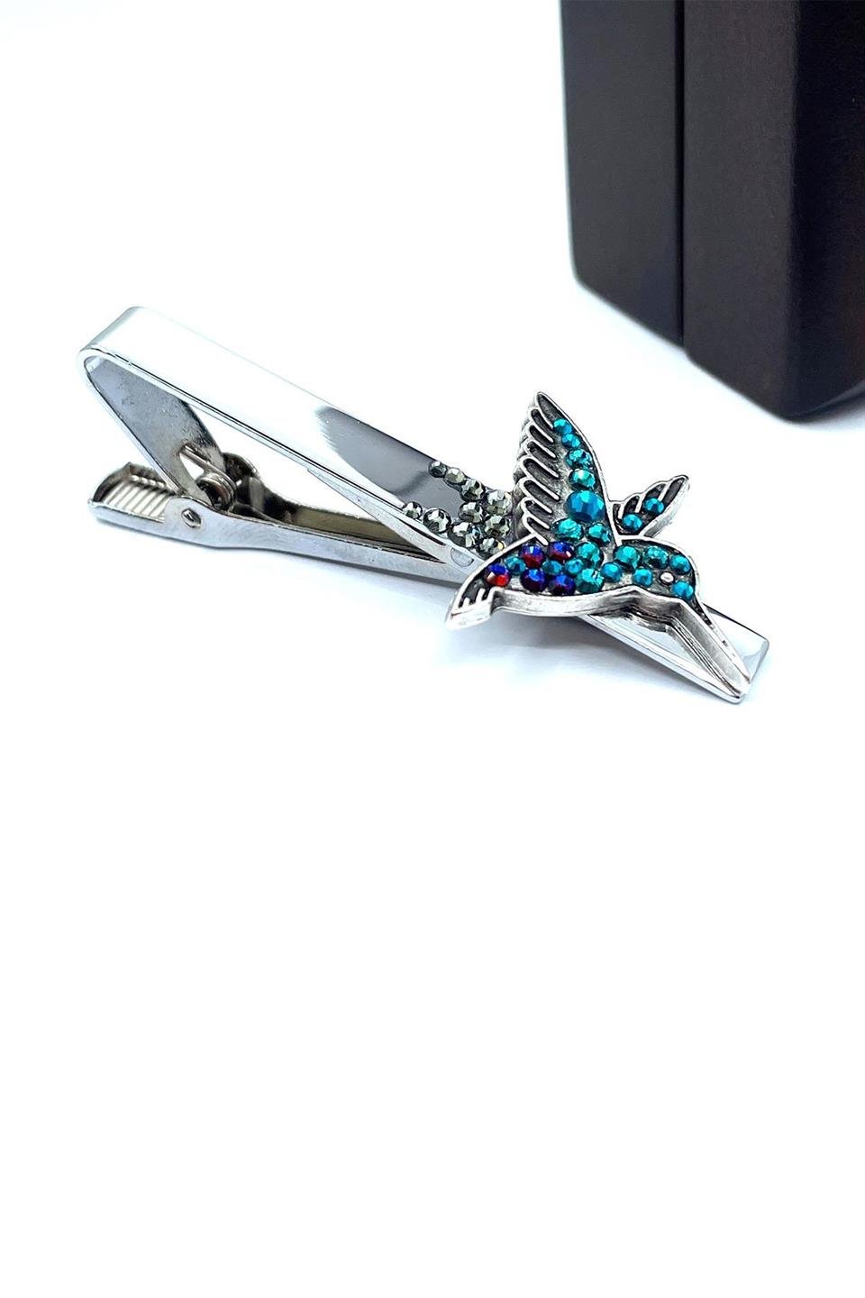 Mavi Taşlı Kuş Motif Gümüş Kravat İğnesi KIY695