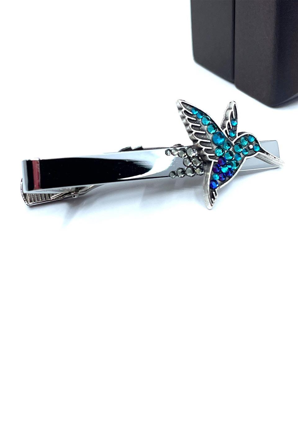 Mavi Taşlı Kuş Motif Gümüş Kravat İğnesi KIY695