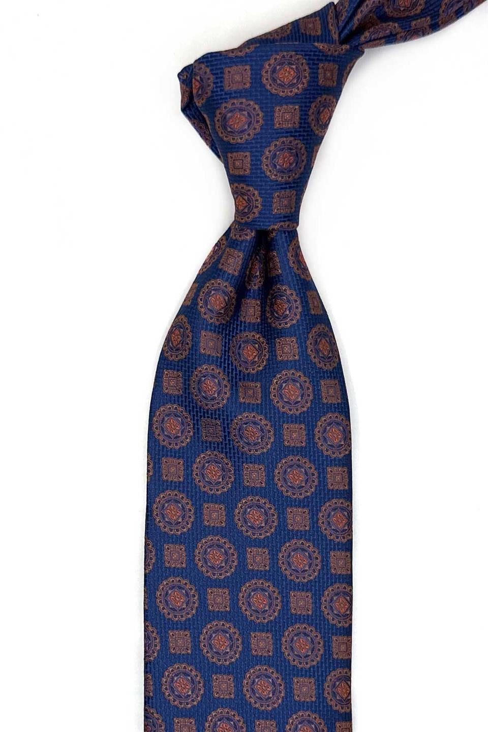 Mavi - Turuncu Motif Desen Mendilli Klasik Kravat KK13531
