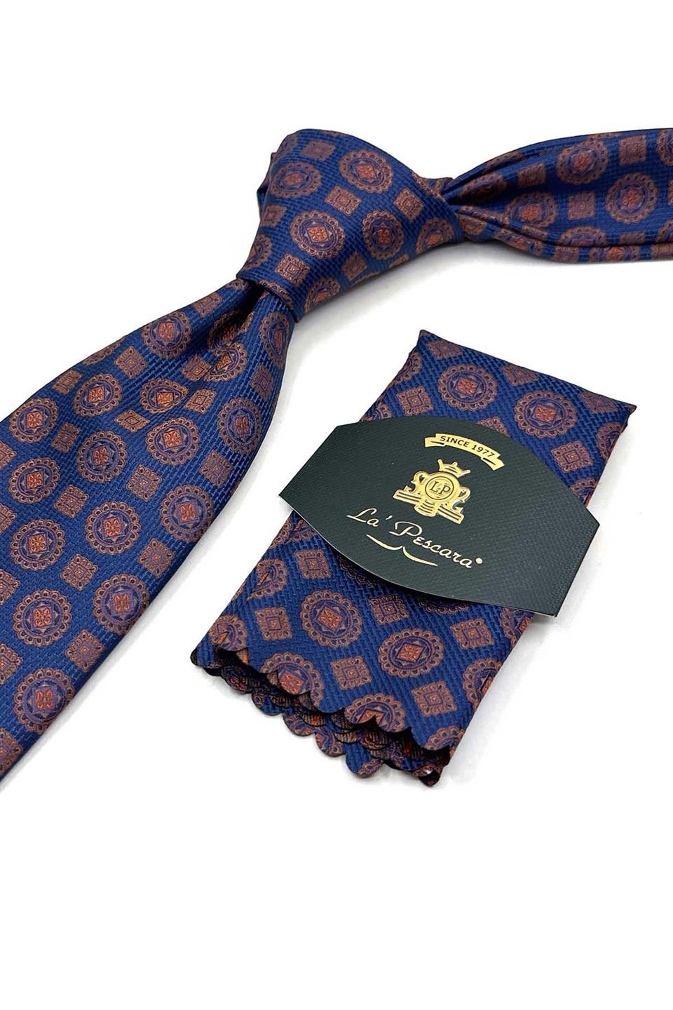 Mavi - Turuncu Motif Desen Mendilli Klasik Kravat KK13531