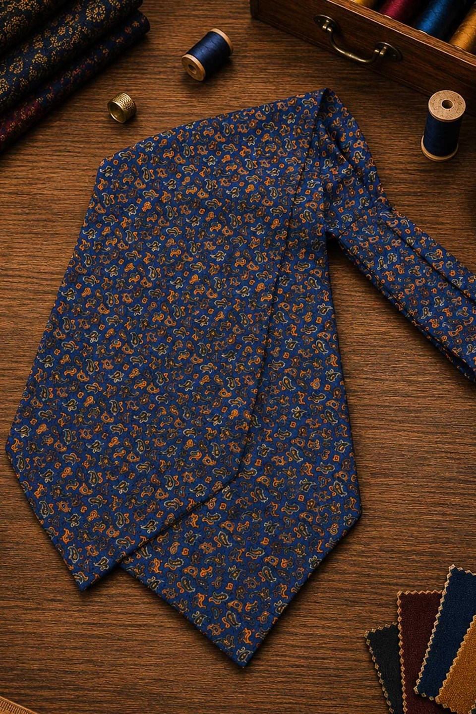 Mavi Turuncu Şal Desen İtalyan İpek Ascot Kravat SAC97