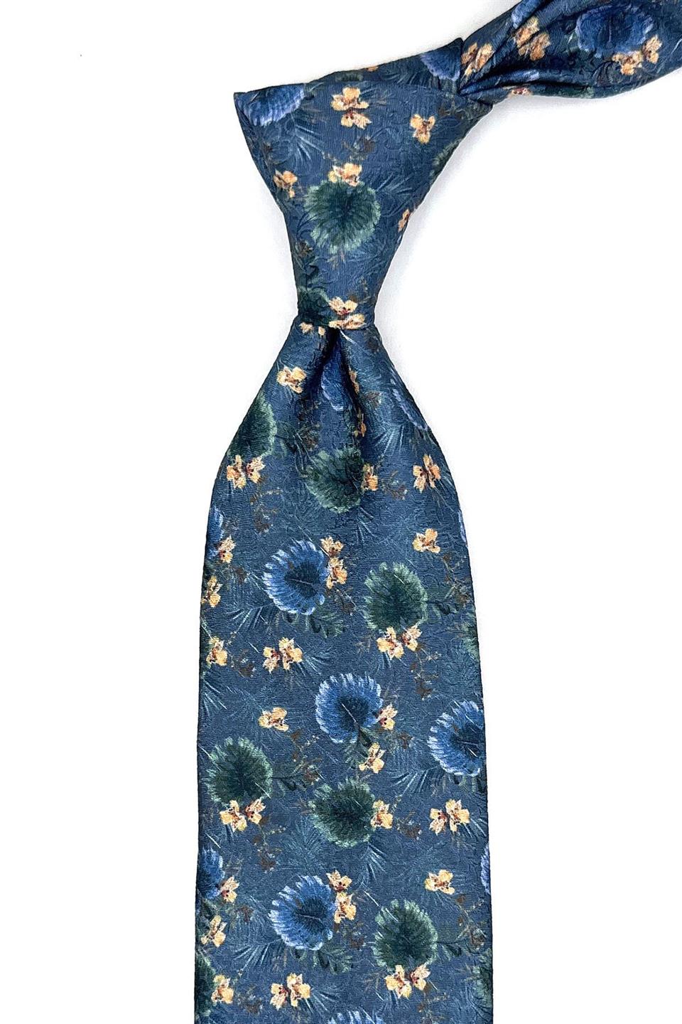 Mavi - Yeşil Çiçek Desen Mendilli Klasik Kravat KK11787