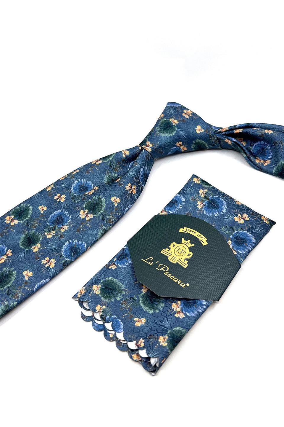 Mavi - Yeşil Çiçek Desen Mendilli Klasik Kravat KK11787