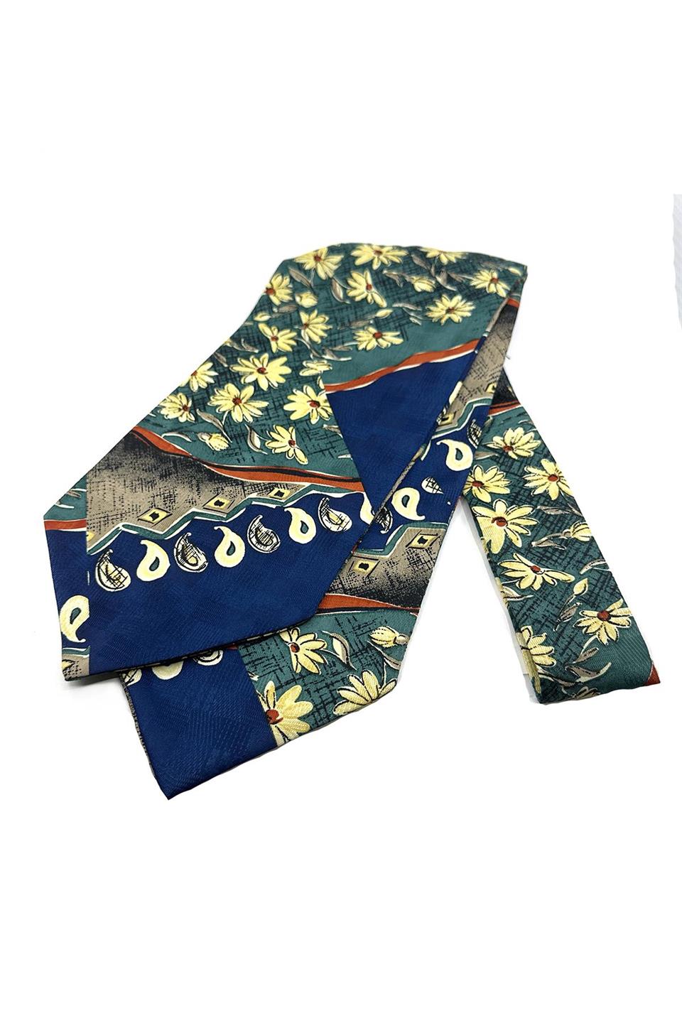 Mavi - Yeşil Motif Desen Erkek Ascot Fular K646