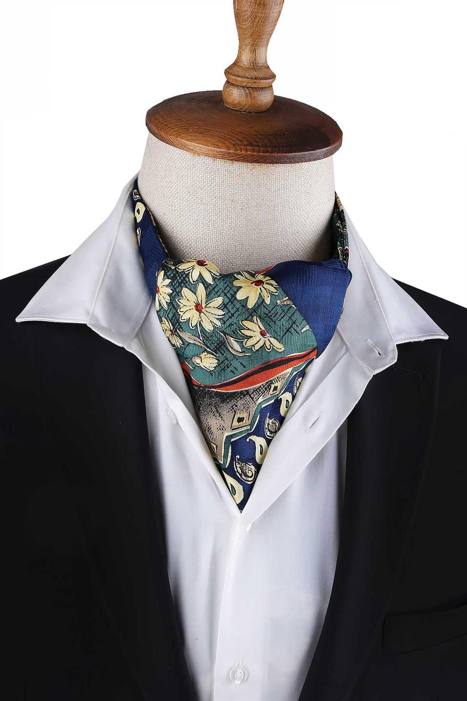 Mavi - Yeşil Motif Desen Erkek Ascot Fular K646