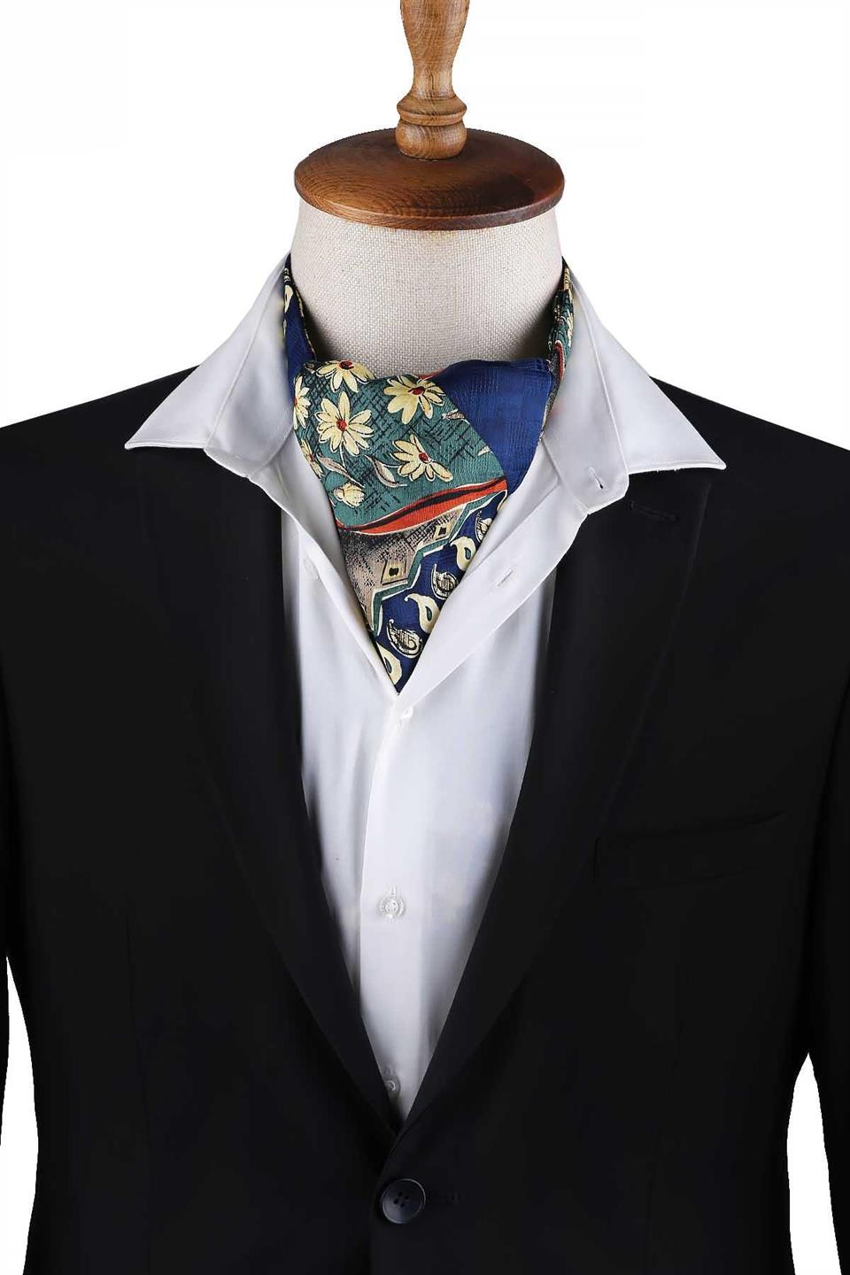 Mavi - Yeşil Motif Desen Erkek Ascot Fular K646